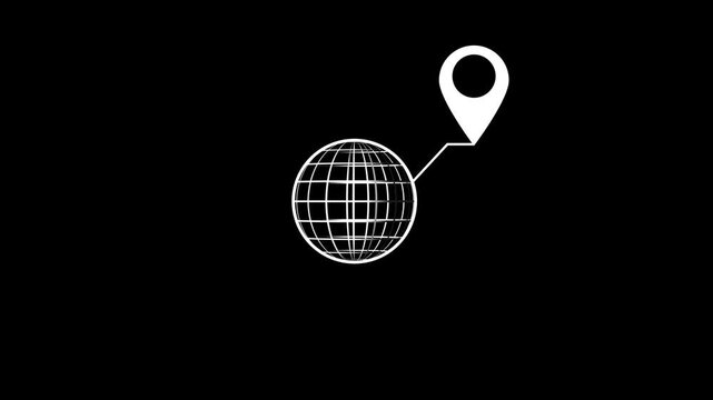 Globe with location pin icon showing on black background. GPS tracking global map pointer icon. Global world map technology.