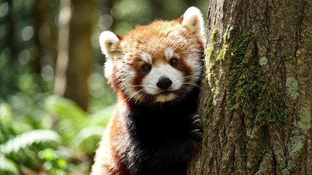 Red panda peeking from behind a mossy tree trunk in a lush forest environment with a soft bokeh background of green ferns and sunlight filtering through the woodland canopy.
