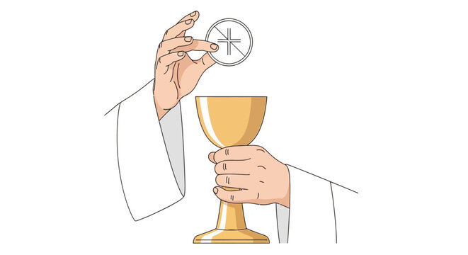 Eucharist, communion, priest hands holding chalice and host, gold cup, white robe, Christian ritual, religious symbol