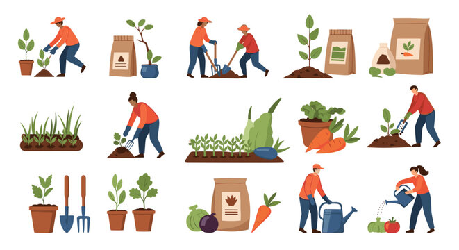 Gardeners and farmers tending to plants including watering planting and harvesting various vegetables and flowers.