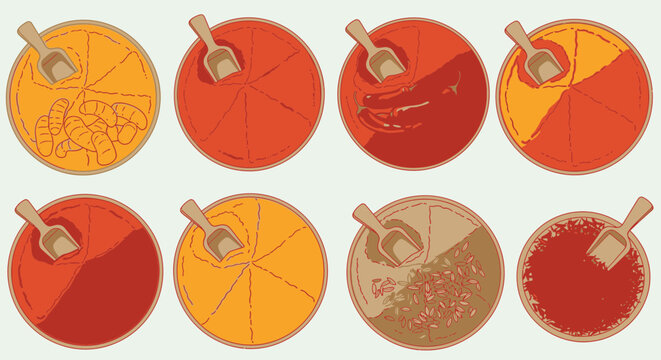 Vector icons of eight different spice blends on wooden spoons arranged in two rows on a clean white background