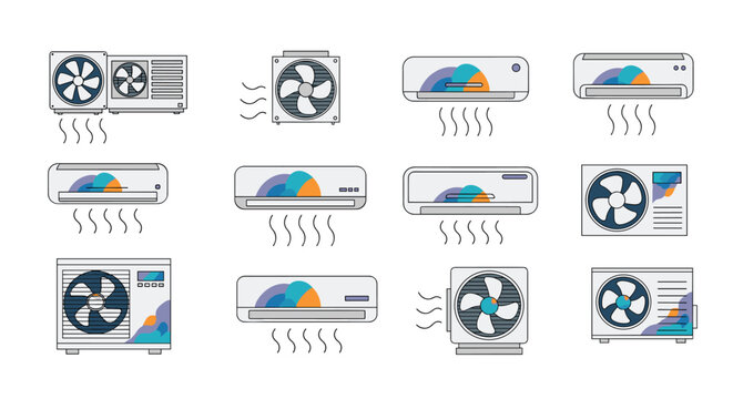 Modern air conditioning unit collection including indoor wall mounted split systems and outdoor compressor fans.