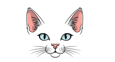Obraz premium Detailed illustration of white cat face with bright blue eyes and long whiskers isolated on white background.