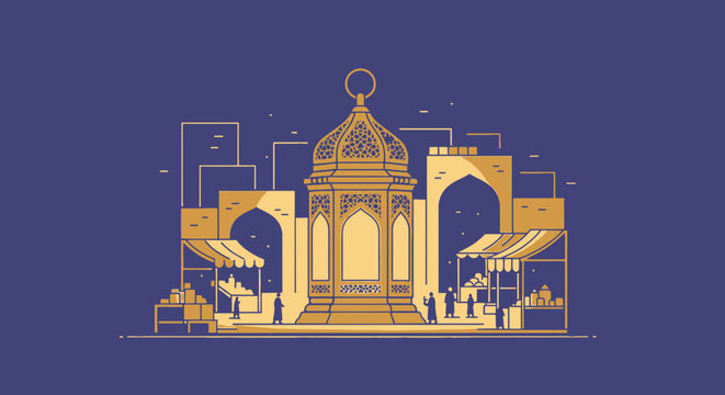 Golden mosque icon with dome and arches on blue background minimalist flat design for religious or cultural themes