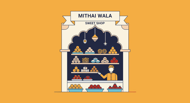 Traditional indian sweet shop mithai wala with colorful sweets and desserts on display