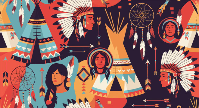 Richly detailed seamless pattern featuring native american portraits, teepees, dreamcatchers, arrows, and traditional headdresses.