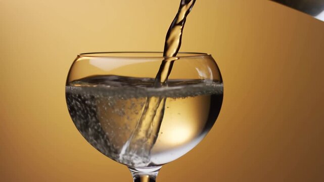 Slow motion close up static shot of liquid pouring into wine glass goblet on warm amber studio backdrop with reflective surface