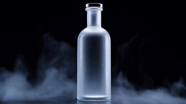 Slow motion static shot of frosted glass bottle with condensation surrounded by drifting smoke on black studio tabletop