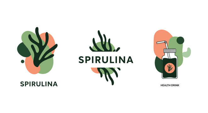 Creative spirulina branding designs for health drinks and supplements featuring green seaweed silhouettes and abstract color spots.