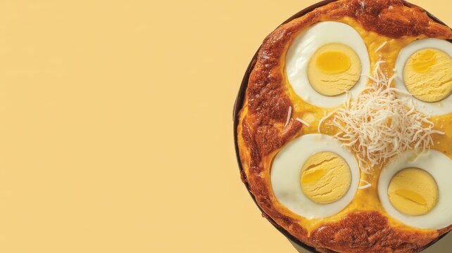 Filipino bibingka rice cake topped with salted egg and shredded cheese on yellow background