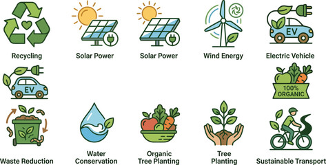 Fototapeta premium environmental icons set with recycling solar power wind energy and sustainable transport symbols high quality professional detailed