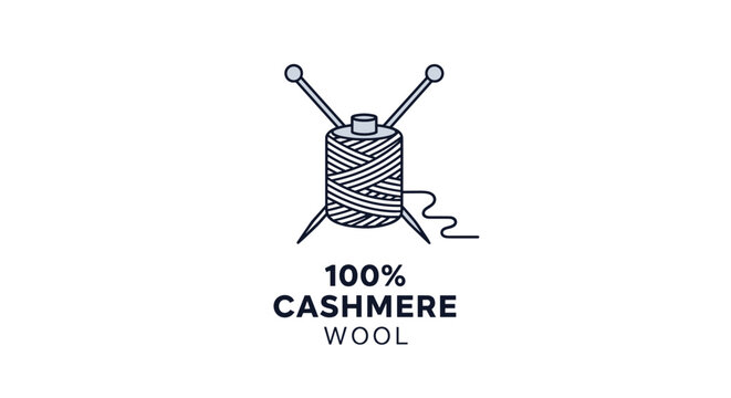 Minimalist logo design for one hundred percent cashmere wool products featuring a yarn spool and crossed knitting needles.