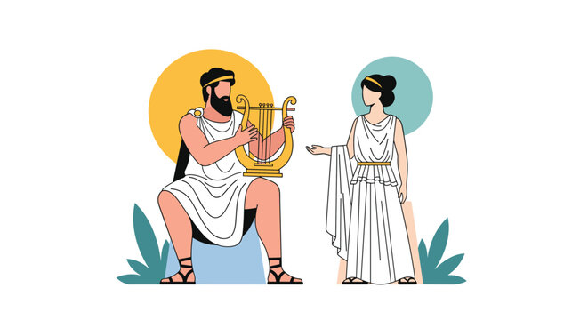 Ancient Greek mythology illustration of figures dressed in traditional white chitons with one man playing a golden lyre harp.