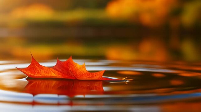 Tracking shot of maple leaf drifting across pond surface with ripples in autumn light