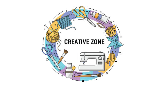 Creative zone circular composition featuring various handmade craft tools including a sewing machine, scissors, yarn, and brushes.