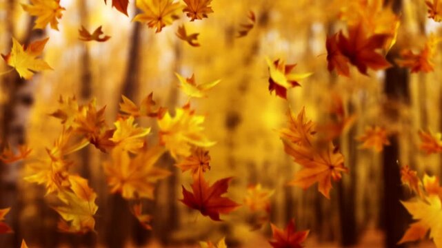 Slow motion static tracking pan of falling maple leaves drifting through autumn forest with golden bokeh background