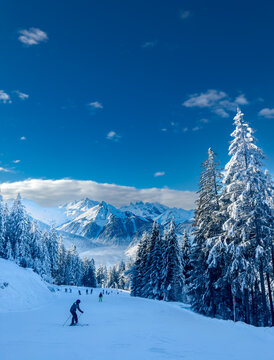 Ski slope in the winter landscape in the ski region Silvretta Montafon in Vorarlberg, Austria.