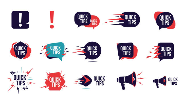 Large set of quick tips icons and badges featuring lightbulbs, megaphones, and exclamation marks for advice and helpful hints.