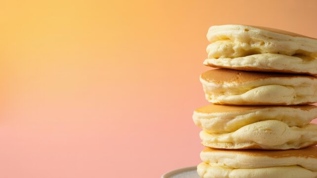 Stack of fluffy souffle pancakes on a plate against a soft orange gradient background