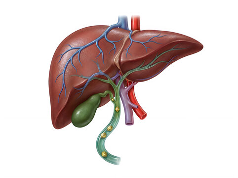 Medical illustration of the human liver, gallbladder, and bile ducts with gallstones, isolated on transparent background