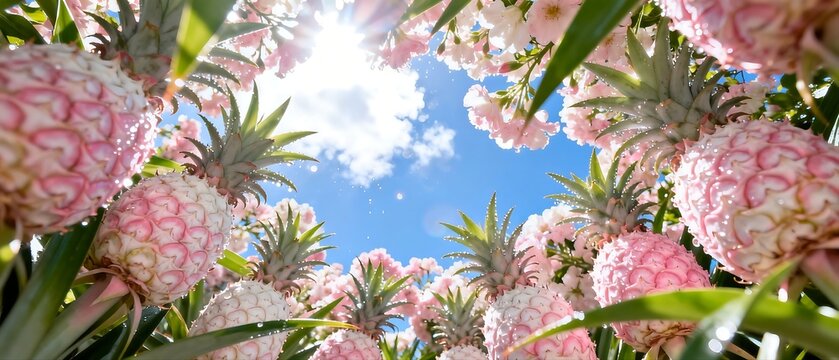 Pink Pineapples in Tropical Garden with Blue Sky