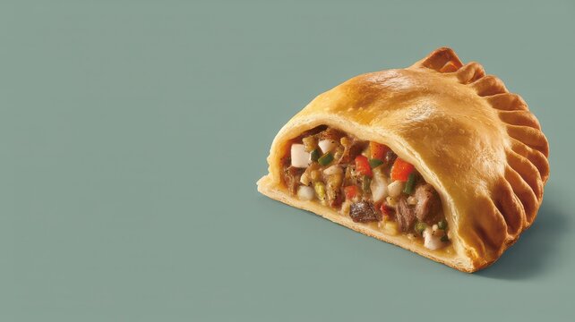 Golden baked empanada cut in half showing savory meat and vegetable filling on green background