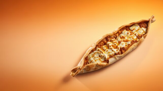 Turkish pide flatbread with melted cheese and meat topping on orange background