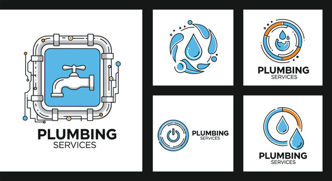 Set of professional plumbing services logo designs featuring pipes taps and water drops in blue and orange color schemes.