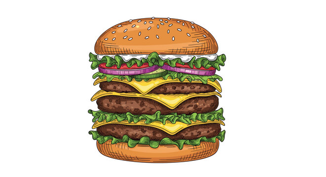 Mouth-watering illustration of a large double cheeseburger with multiple patties cheese lettuce tomato and onion slices.