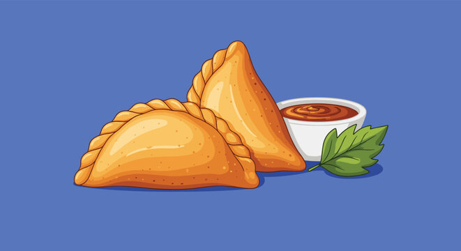 Two golden-brown empanadas are served with a bowl of spicy dipping sauce and a fresh green leaf, representing traditional Latin cuisine.