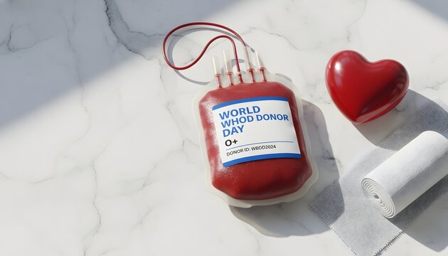 World Blood Donor Day blood donation concept with a red heart and medical bandage on a marble surface, representing life-saving medical care and altruistic healthcare awareness