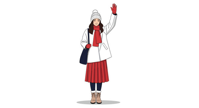 Fashionable woman in winter attire waving her hand while wearing a white coat and red scarf against a plain white background.