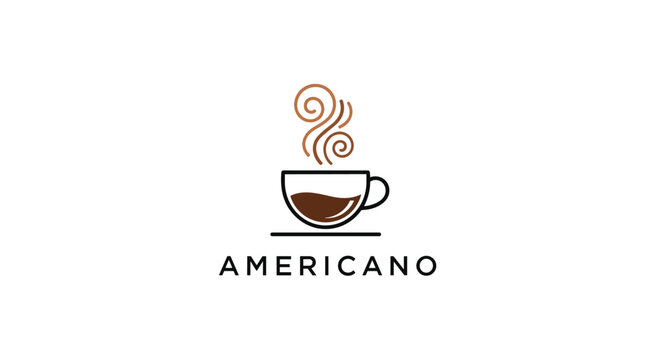 Minimalist logo for an americano coffee shop featuring a white ceramic cup with dark liquid and rising steam swirls.