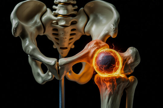 Detailed 3d illustration of a human hip joint with inflammation and glowing heat surrounding the femoral head and acetabulum symbolizing pain and arthritis against a dark
