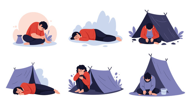 Illustrations of homeless people in various difficult situations including sitting on streets and living in makeshift tents.