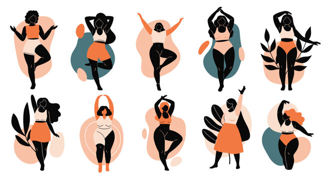 Silhouettes of diverse women in various poses promoting body positivity and self confidence with abstract background shapes.