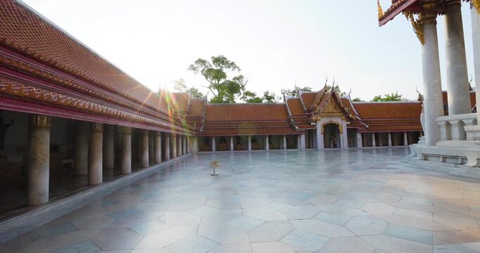 Wat Benchamabophit the Marble Temple sunset light the impressive and orderly traditional Thai architecture. Bangkok Thailand