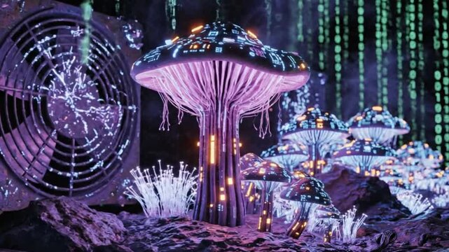 Futuristic Bioluminescent Mushroom Forest with Digital Rain and Fan