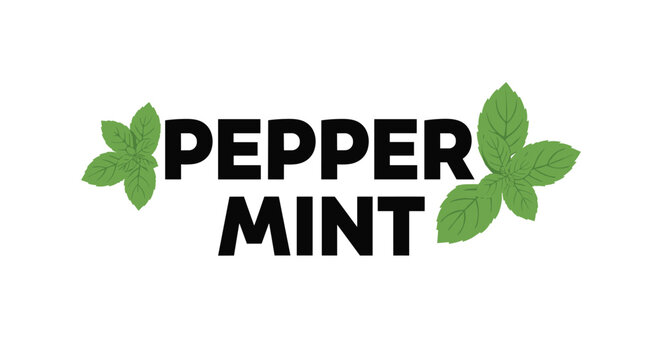 Peppermint text logo in bold black font with fresh green mint leaves on either side for food or beverage branding.
