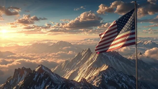 American flag waving over mountain peaks at sunrise with dramatic clouds