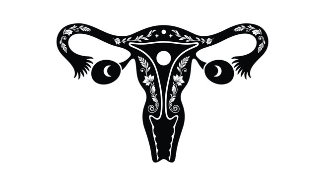 Artistic black and white illustration of female reproductive system adorned with floral patterns celebrates womens health and anatomy.