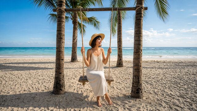 Woman in white dress and hat on tropical beach swing with turquoise ocean and blue sky.