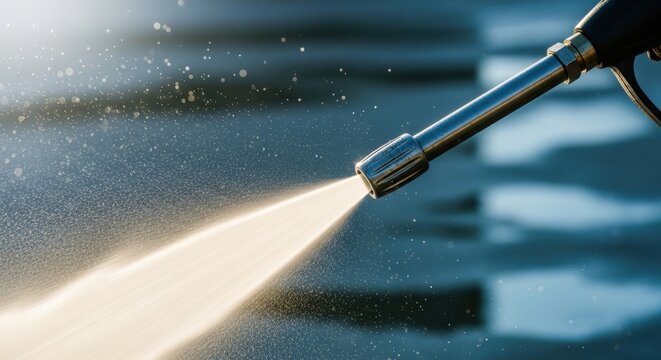 Close up of a high pressure washer nozzle ejecting a powerful stream of water for cleaning outdoor surfaces