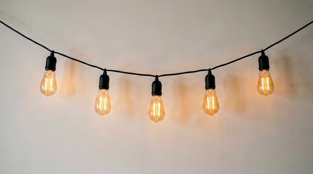 String of Vintage Edison Bulbs Hanging Against a Plain Wall