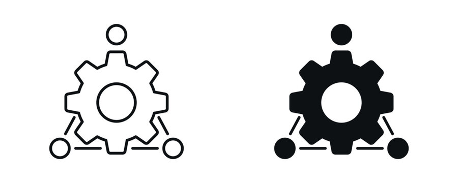 Automation system icon set, workflow management and process control with gear and nodes in line and flat style. vector illustration.