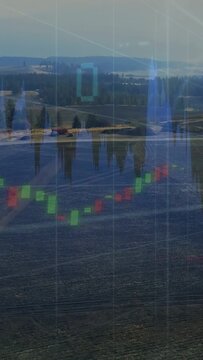 Vertical video: Grid lines starting overlay, field, shore overlaying rising candles, showing trends