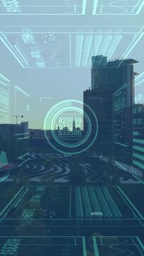 Vertical video: Sun flare starting HUD reticle tracking city while camera pulling up showing sky