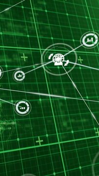 Vertical video: Dark green grid booting, core hub creating white nodes, pulsing and mapping network