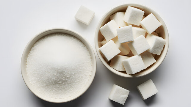 A bowl of sugar cubes and a bowl of granulated sugar on a white surface  