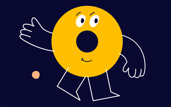 A cheerful yellow geometric figure face in a donut shape, with big eyes, eyebrows, arms and little legs.
